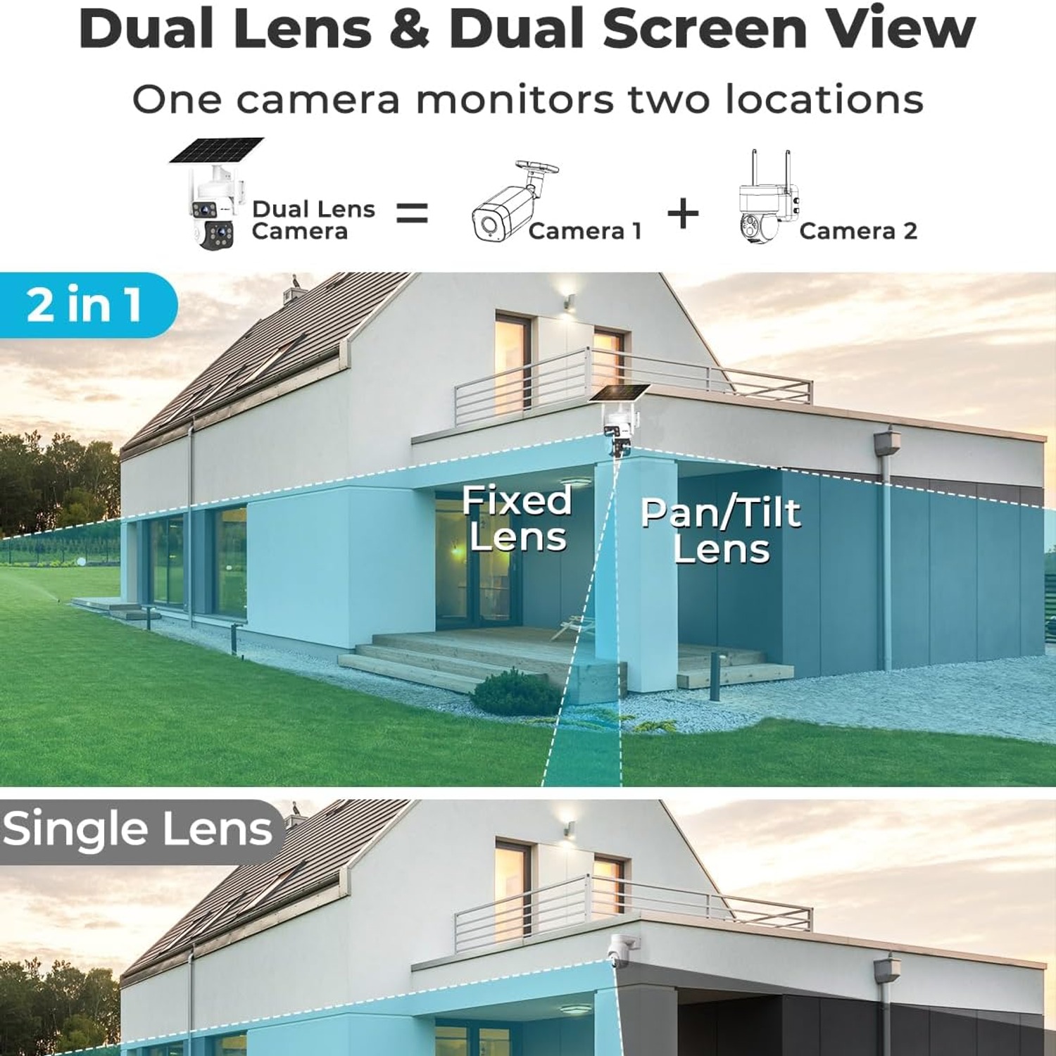 Solar Security Camera with 24/7 Recording (Dual Lens 2K WiFi)