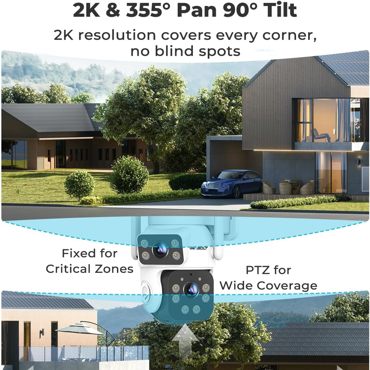 Solar Security Camera with 24/7 Recording (Dual Lens 2K WiFi)